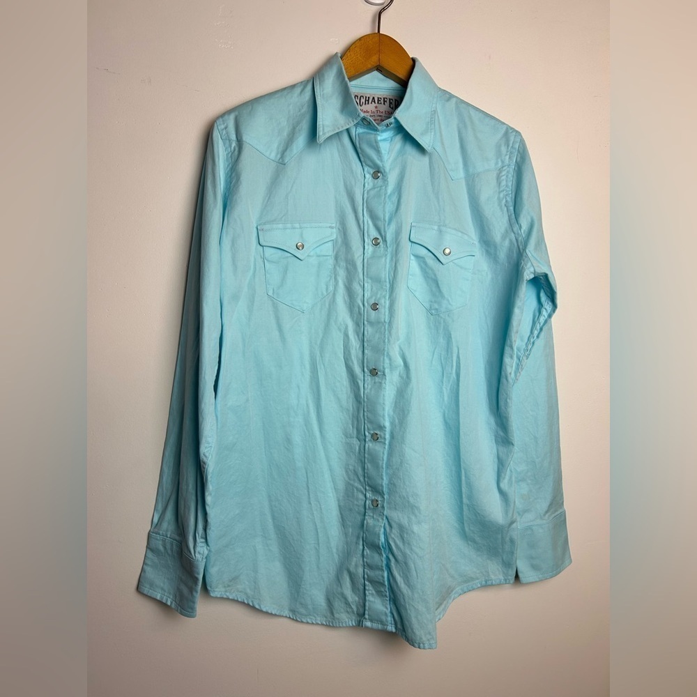 Schaefer Western Shirt L Ranch Snap Button Down Blue Long Sleeve Cowgirl plaid